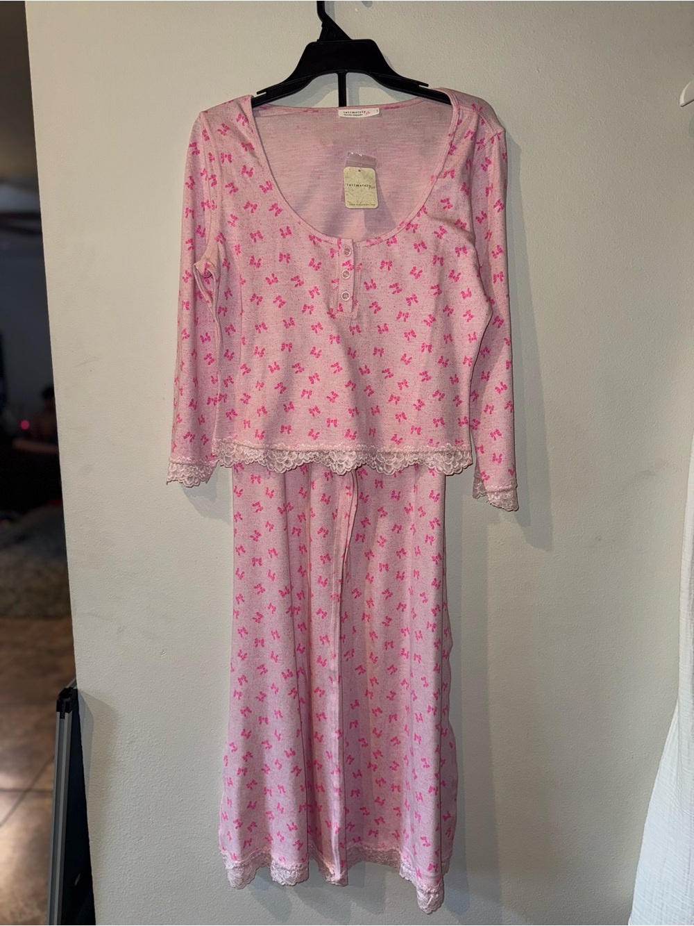 Free People Pink Printed Lace-Trim Pajama Set